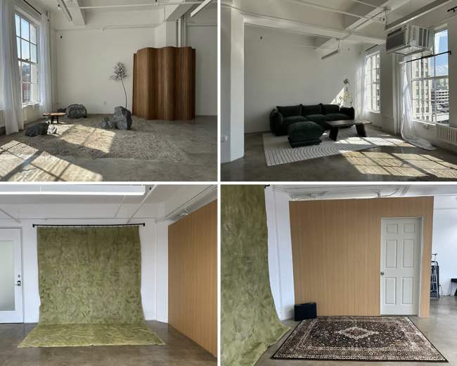 The image shows a spacious, minimally decorated studio with various textured backgrounds, including a green fabric, wood paneling, and a decorative rug, along with seating areas and natural light streaming in through large windows.