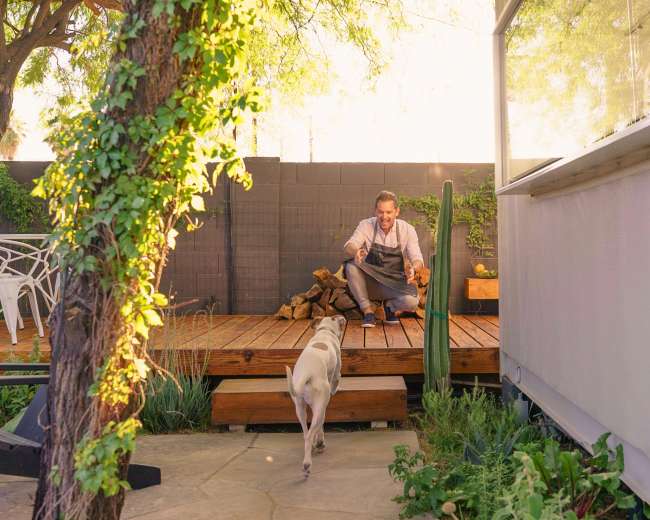 A man sits on a deck, holding a drink while a dog approaches him in a backyard setting.