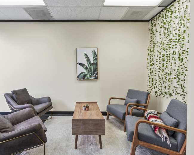 A small waiting room features two armchairs and a coffee table, with a plant-themed artwork on the wall and greenery near the window.