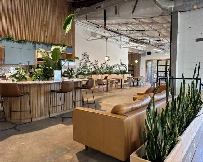 The image shows a modern interior space featuring a bar area with seating, tables arranged for dining, and decorative plants throughout the setting.