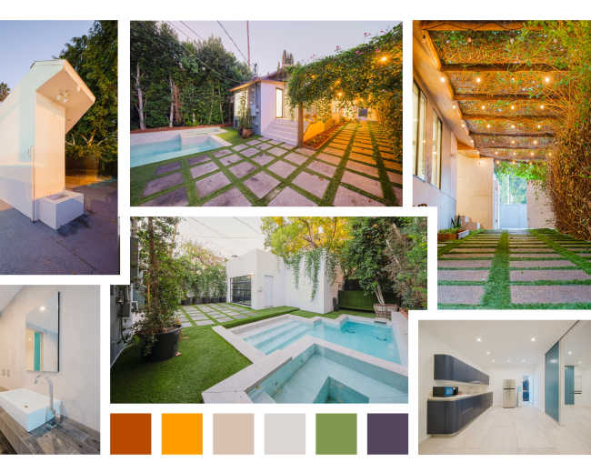 The image showcases a modern house surrounded by greenery, featuring a pool, a landscaped yard with geometric pathways, and several interior and exterior views of the property.