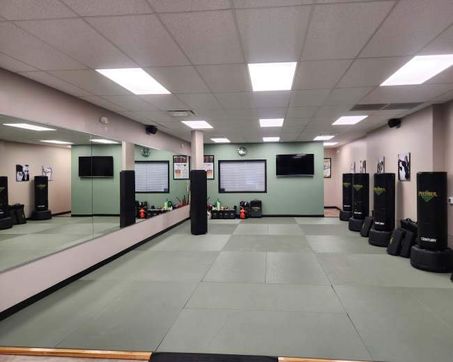 The image shows a martial arts training studio with padded flooring, freestanding punching bags arranged along the walls, and mirrors reflecting the space.