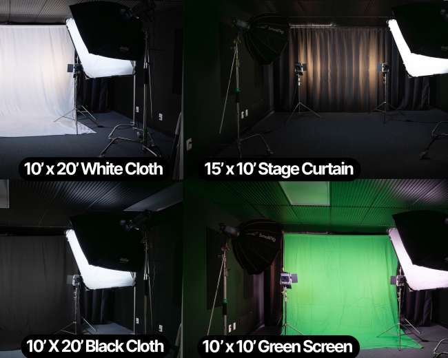 The image displays four different photography backdrops: a white cloth, a stage curtain, a black cloth, and a green screen, each set up with lighting equipment in a studio environment.