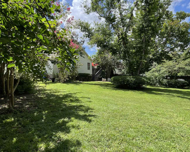 A well-maintained backyard features a lawn, leafy trees, and a white house in the background.