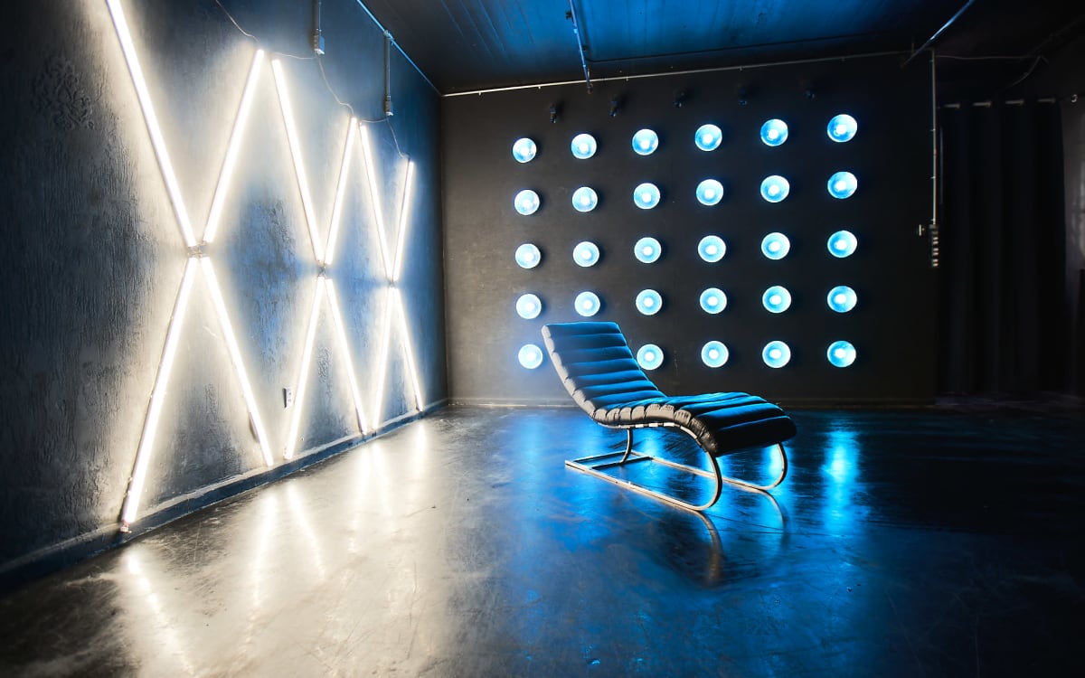 Blackout studio with RGB Astera LED light wall Large X lights and