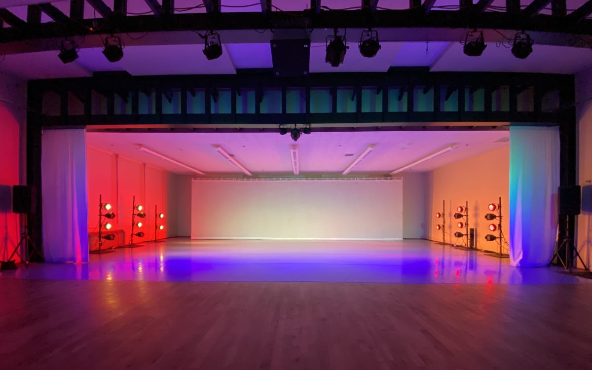 Light Box theater with large windows and theatrical lighting, San Diego