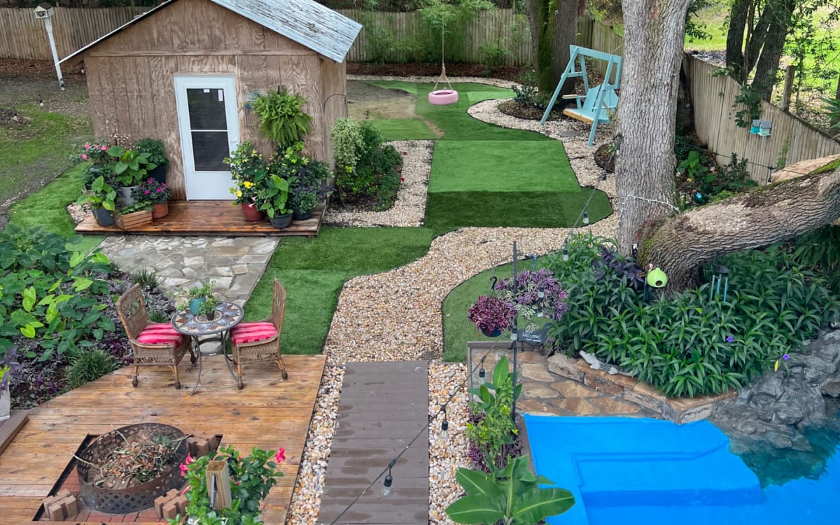 Private tropical outdoor oasis with waterfall splash pool, Beaufort, SC