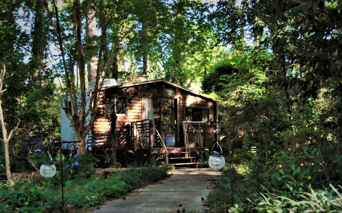 Tiny House Cabin Glamper in Camelia Garden with Rustic Barn Shed ...