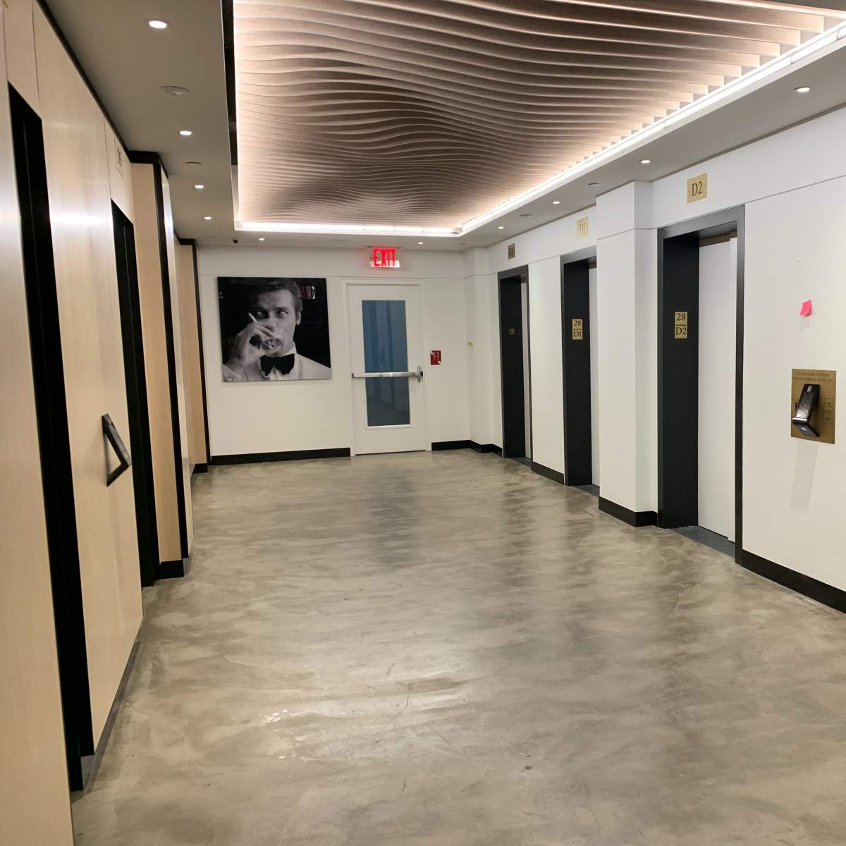 A corridor with multiple elevator doors on one side, a closed door at the end, and a large photograph of a person on the wall.