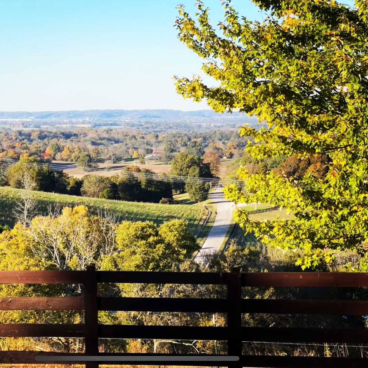 A scenic view of rolling hills and a winding road framed by wooden fencing and trees.