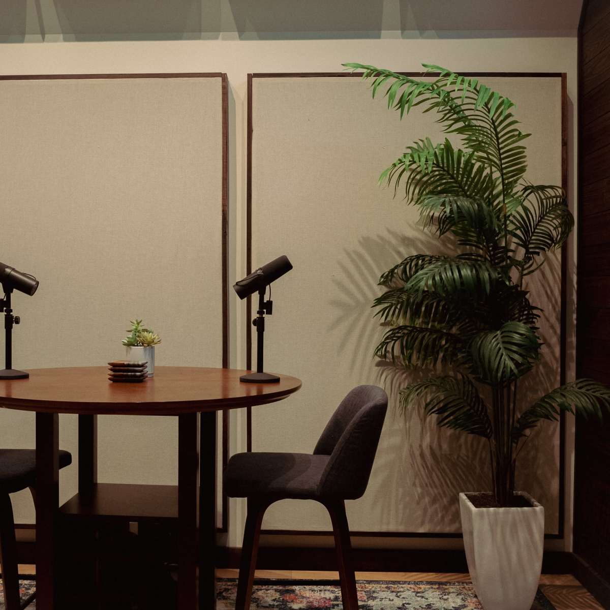 A small recording studio features a round wooden table with two chairs, microphones mounted on stands, and a potted plant beside a textured wall.