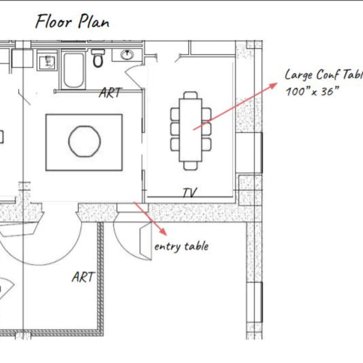 A floor plan showing the layout of a room with kitchen, dining, and seating areas, featuring various tables and labeled sections.