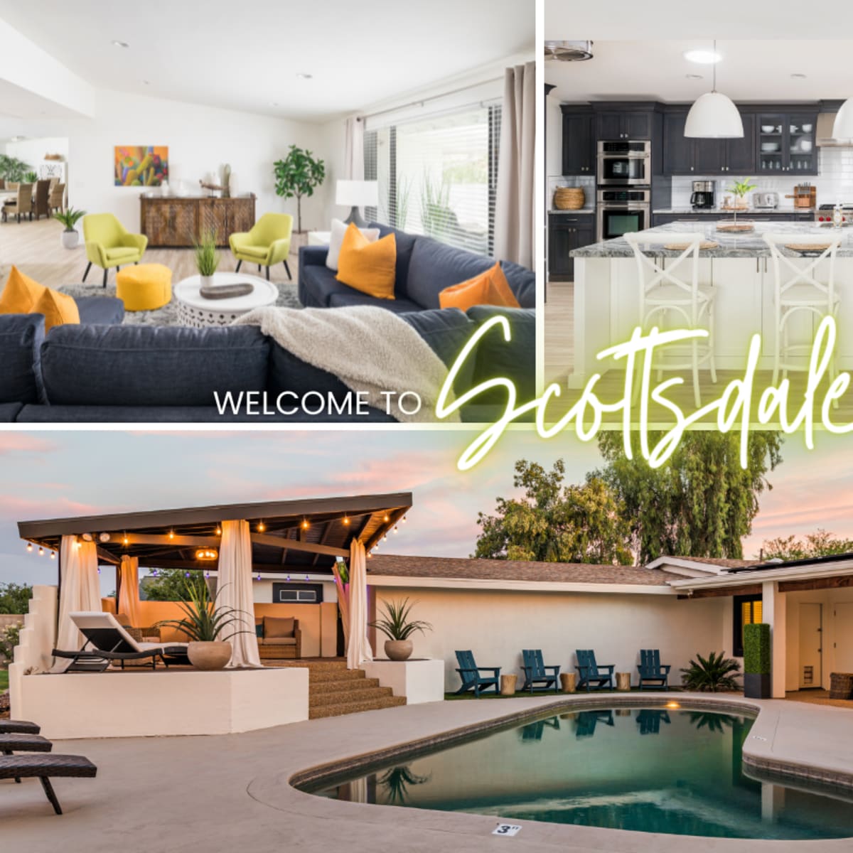 A modern home featuring a spacious living area, a stylish kitchen, and a backyard with a pool and fire pit.