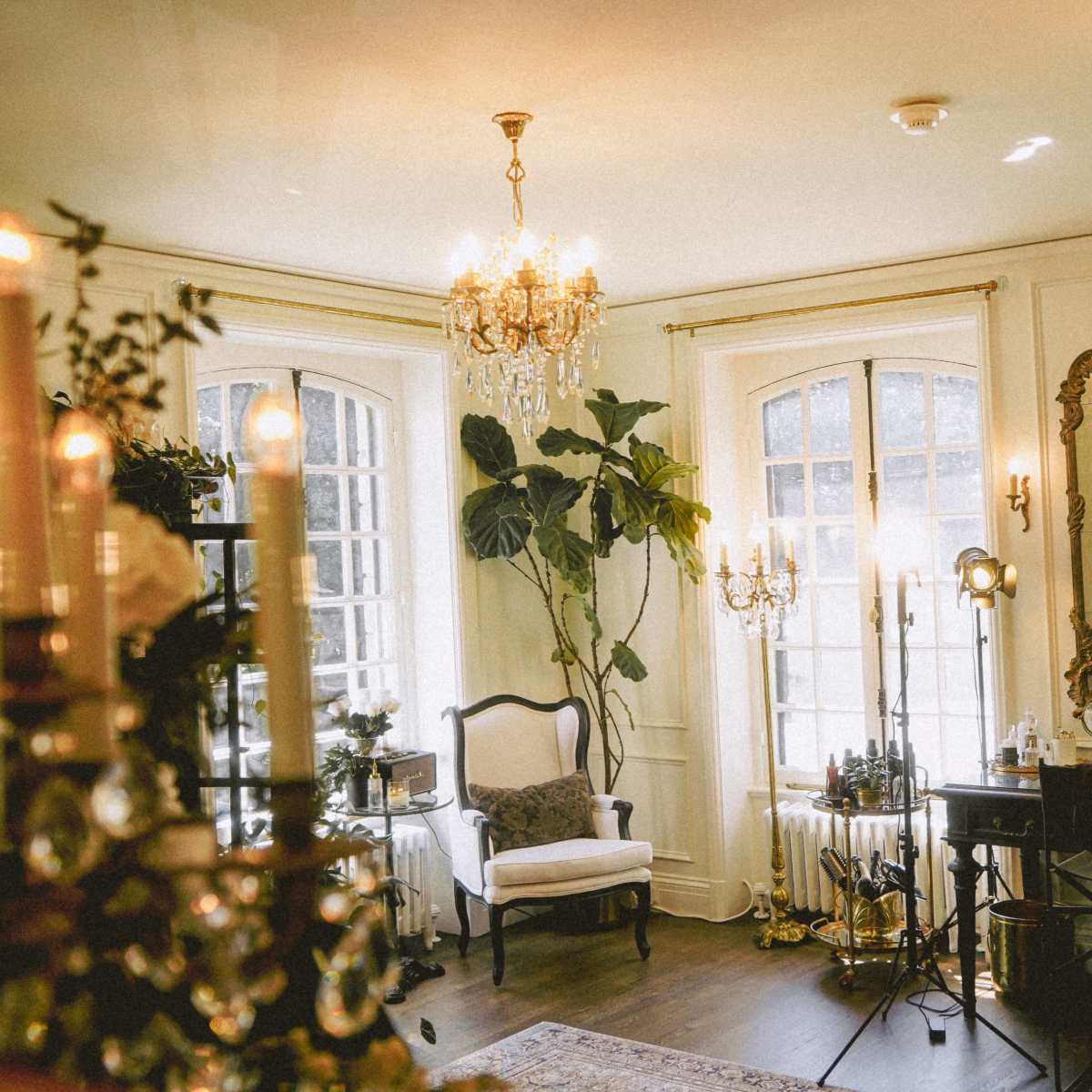 A softly lit interior of a stylish room featuring elegant chandeliers, decorative plants, and antique furnishings.