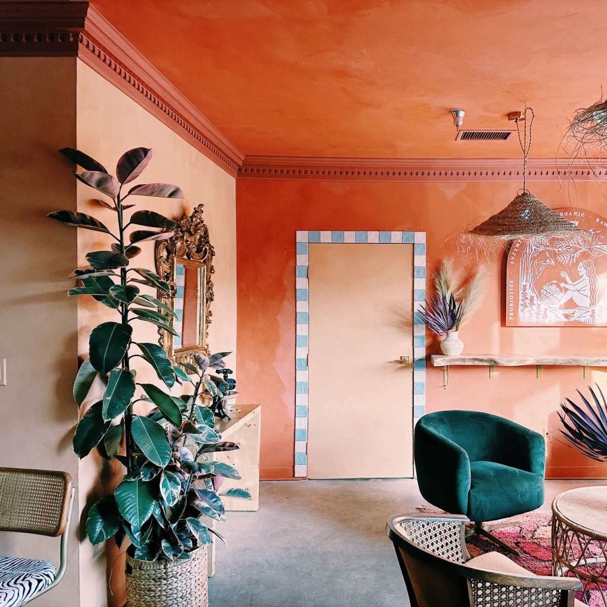 A brightly colored interior room with orange walls, green furniture, decorative plants, and woven light fixtures.