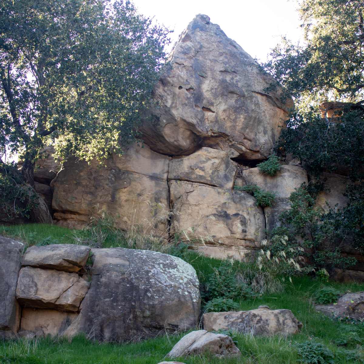 A rocky hillside with large boulders and scattered greenery under a clear sky.