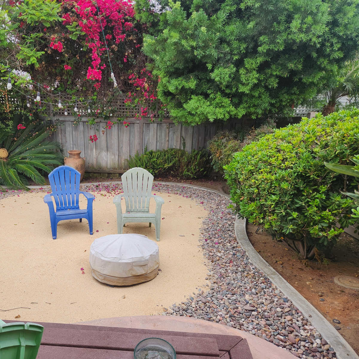 A sandy area in a garden with two plastic chairs and a round covered object surrounded by greenery and flowering plants.