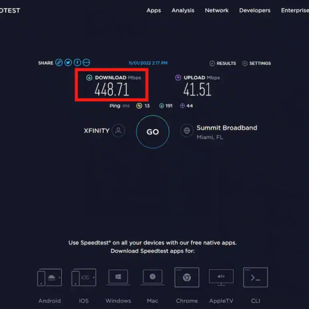 A speed test result showing a download speed of 448.71 Mbps and an upload speed of 41.51 Mbps, along with other network information.