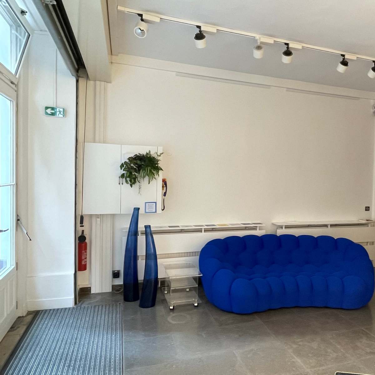 A modern interior space featuring a blue, sculptural couch, a small potted plant on the wall, and a spiral staircase in the background.