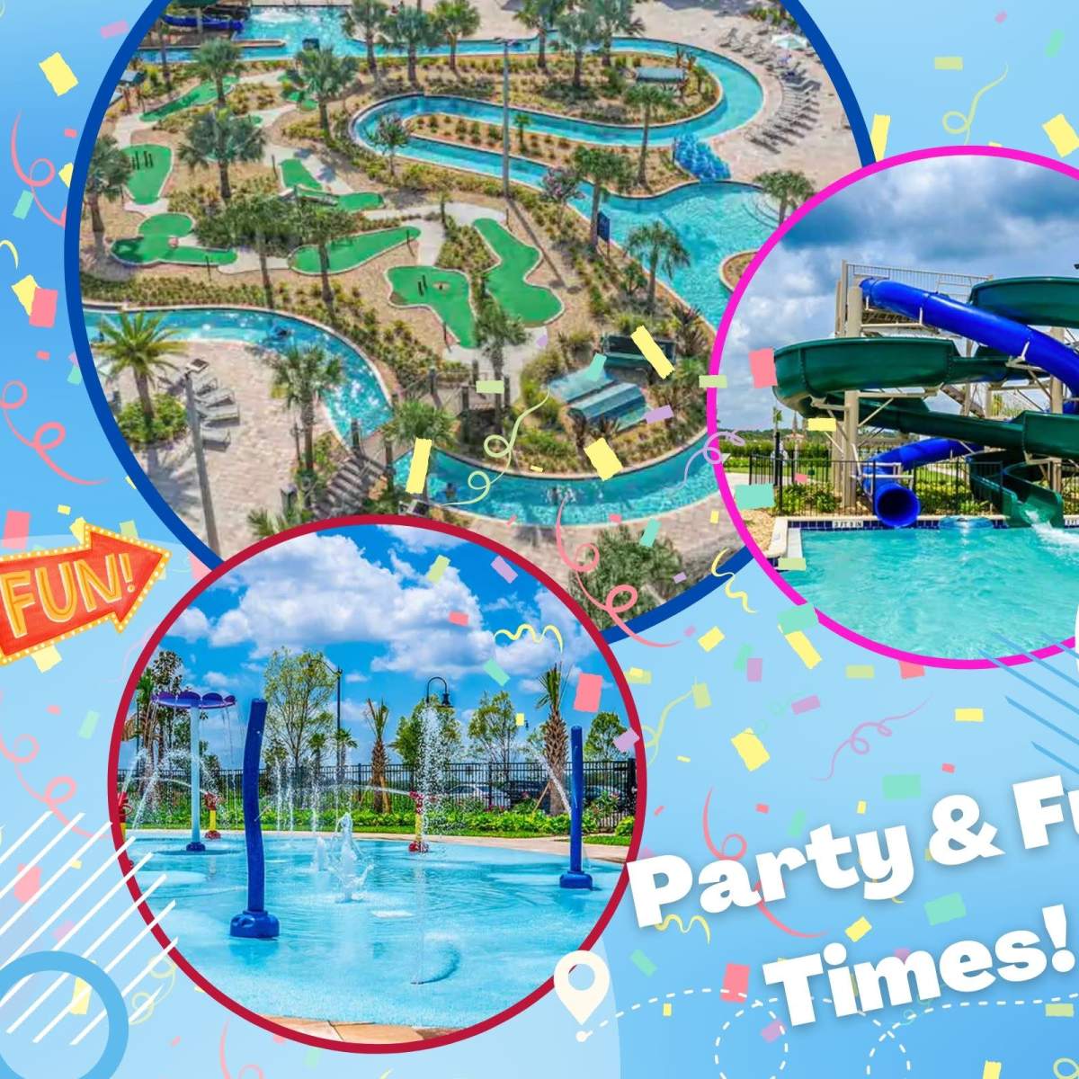 A vibrant water park with a winding lazy river, water slides, and interactive splash areas, all set against a backdrop of palm trees and bright blue skies.