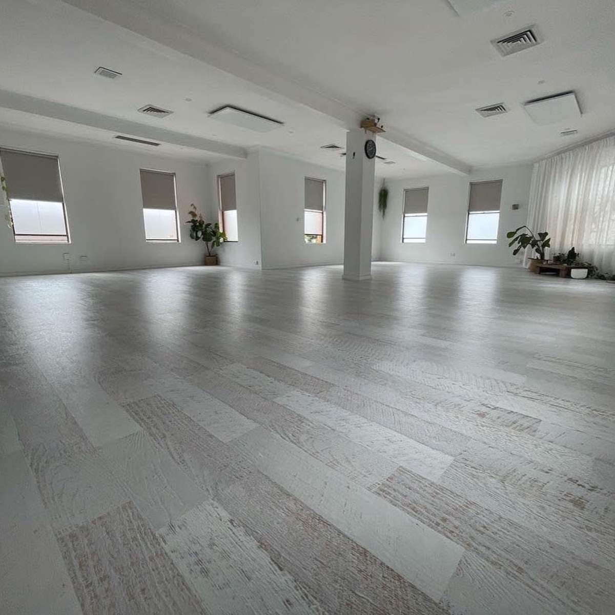 A spacious, well-lit room with large windows, minimal furniture, and plants along the walls.