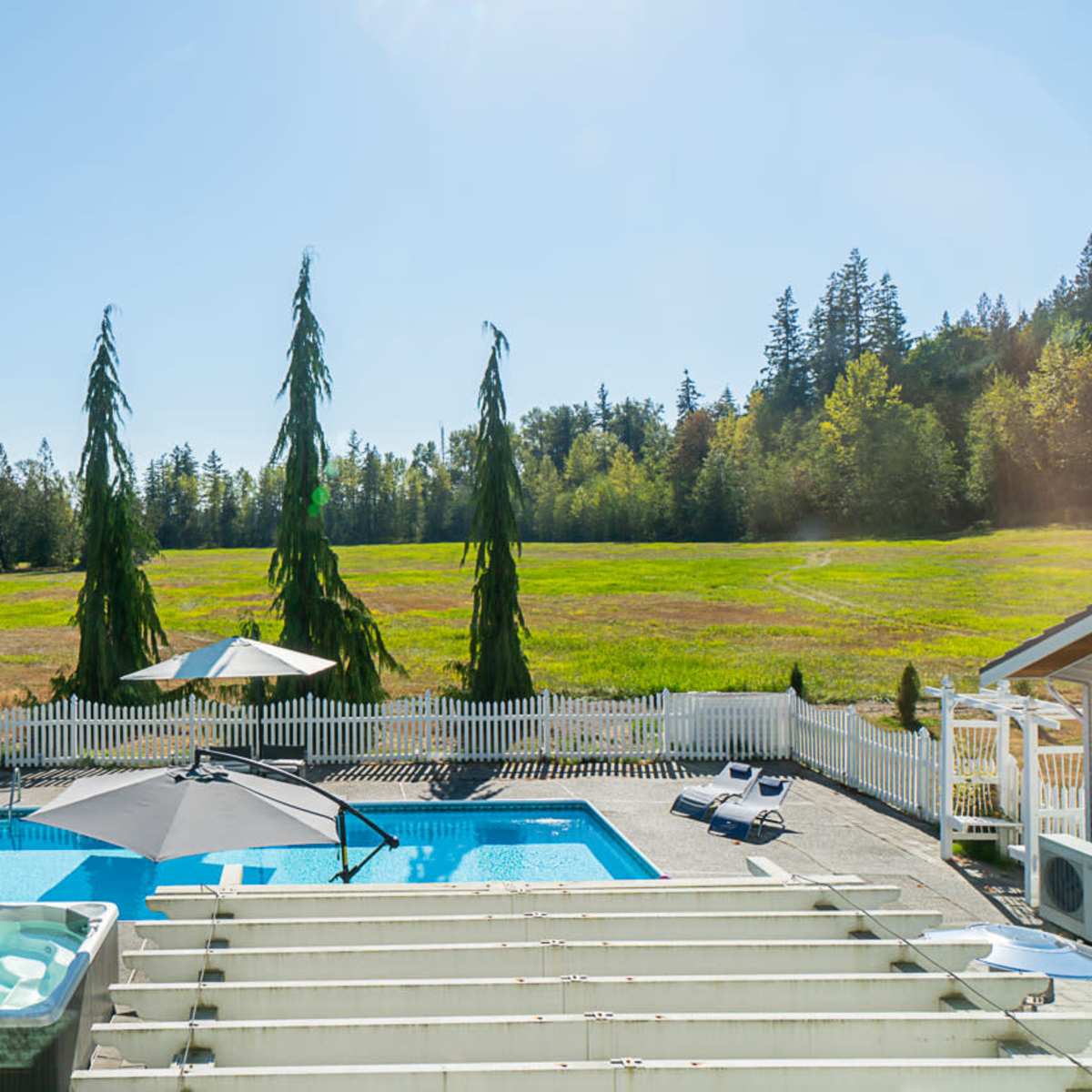 A backyard with a swimming pool, a hot tub, and a patio umbrella, surrounded by a white fence and tall evergreen trees, with a grassy field in the background.