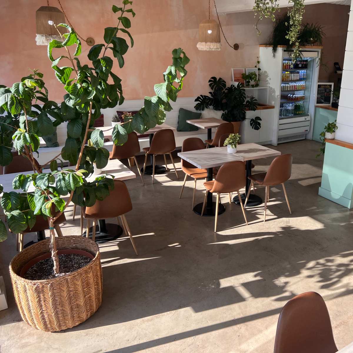 A cozy café interior with wooden tables and chairs, potted plants, and a counter displaying various items in a light-colored setting.