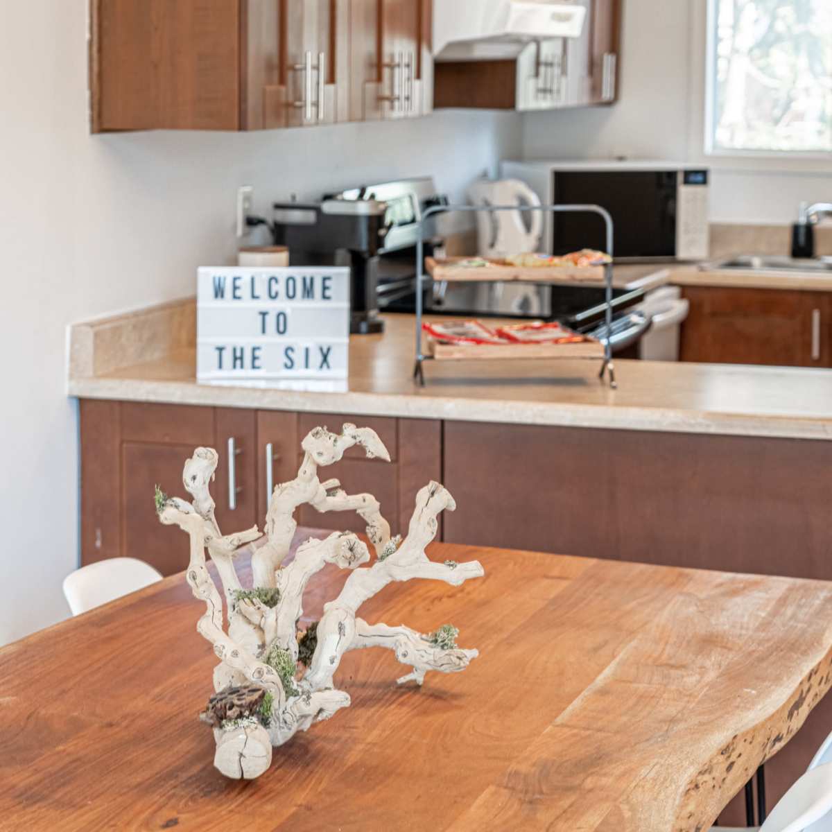 A wooden dining table with a decorative coral centerpiece is set in front of a modern kitchen featuring wooden cabinetry and kitchen appliances.