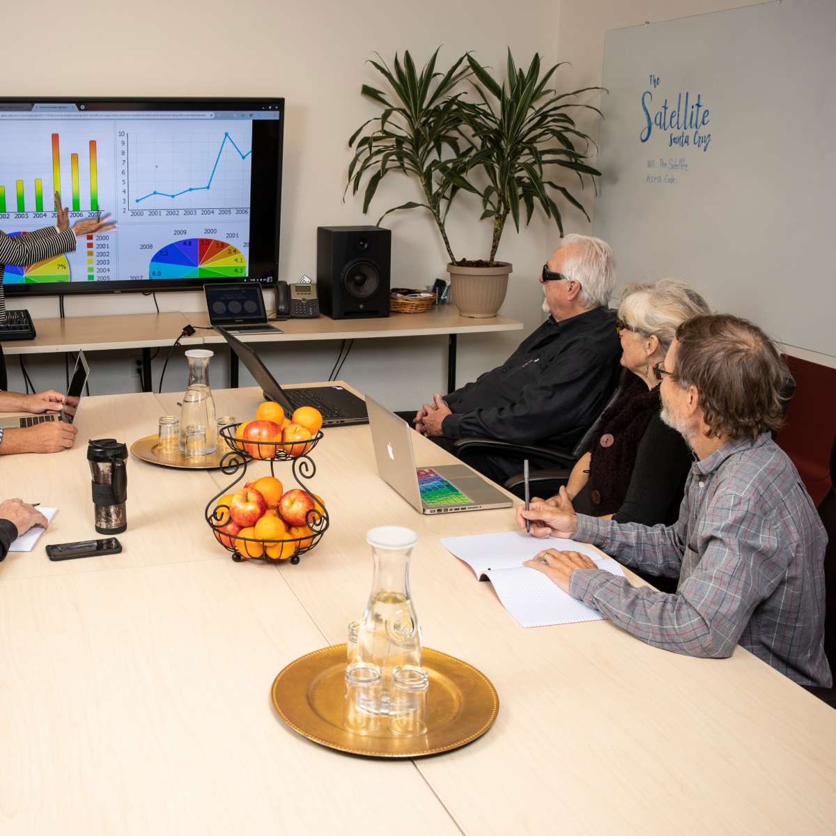 A group of six people is seated around a conference table while a woman presents data on a large screen in a meeting room.