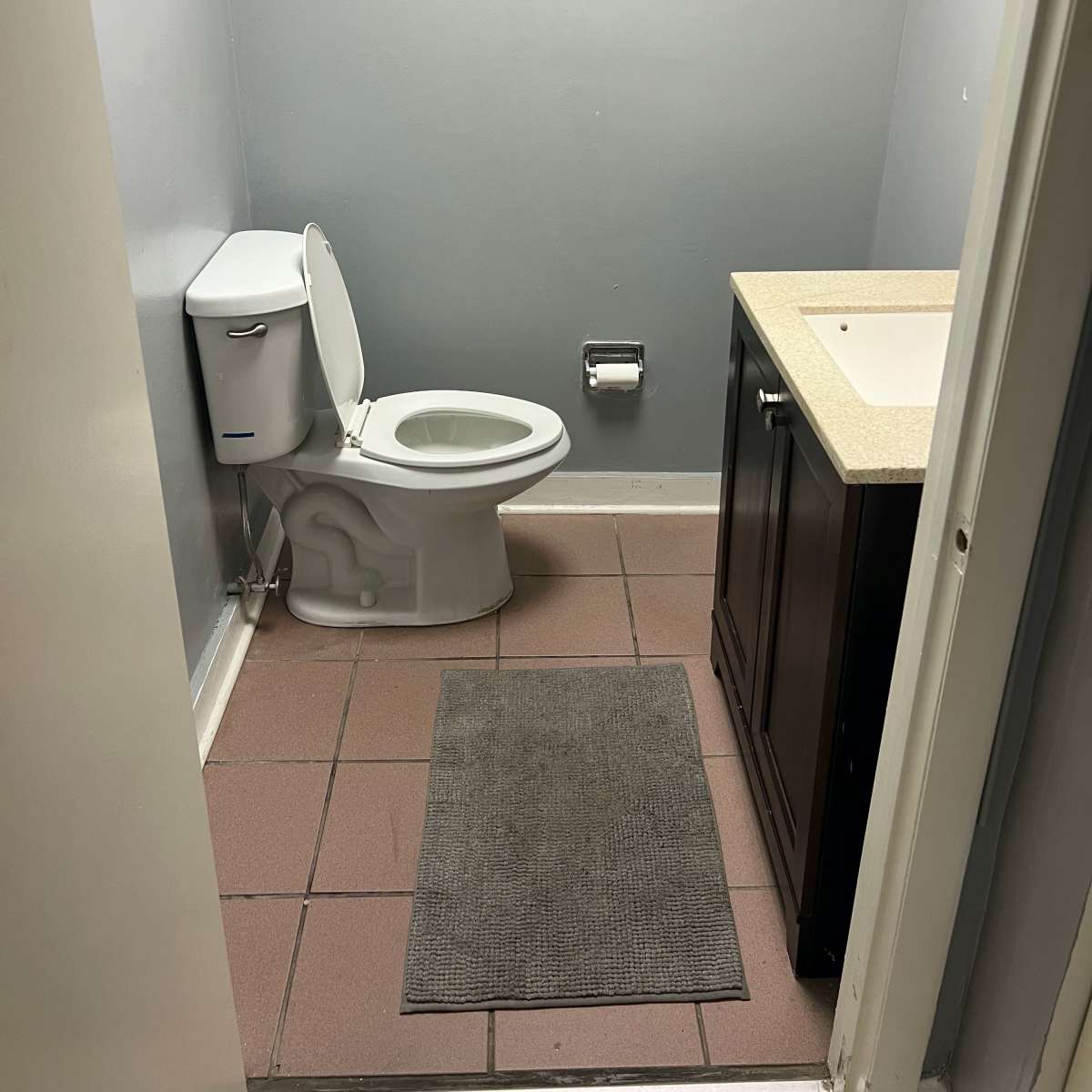 A small bathroom with a toilet, a vanity sink, and gray walls.