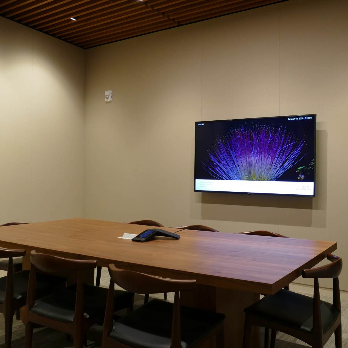 A conference room features a wooden table with six chairs, a wall-mounted screen displaying colorful graphics, and a potted plant in the corner.
