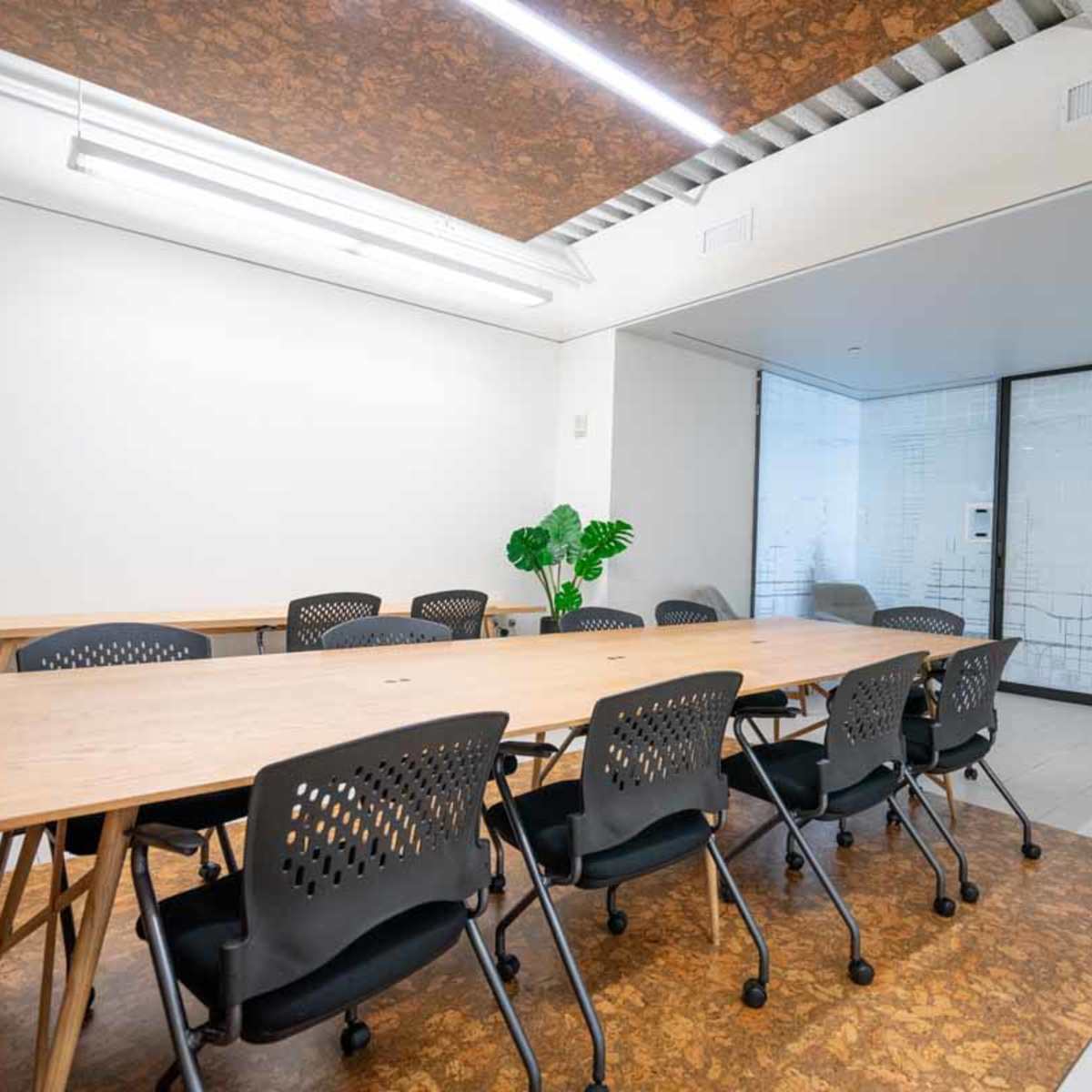 A modern conference room features a long wooden table surrounded by black chairs and a potted plant in the corner.