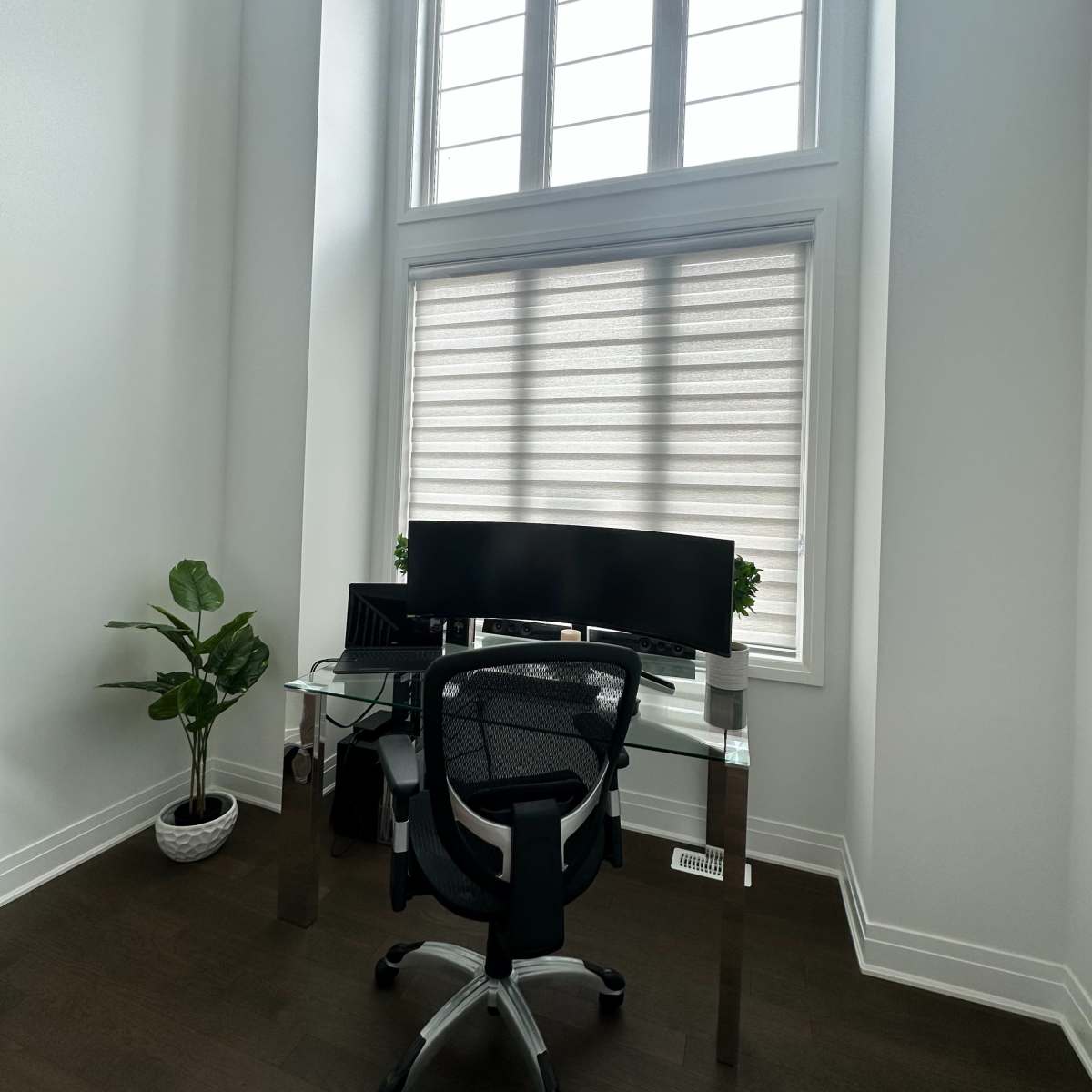 A minimalist home office features a glass desk with a computer monitor, an ergonomic chair, and a potted plant, illuminated by natural light from large windows.