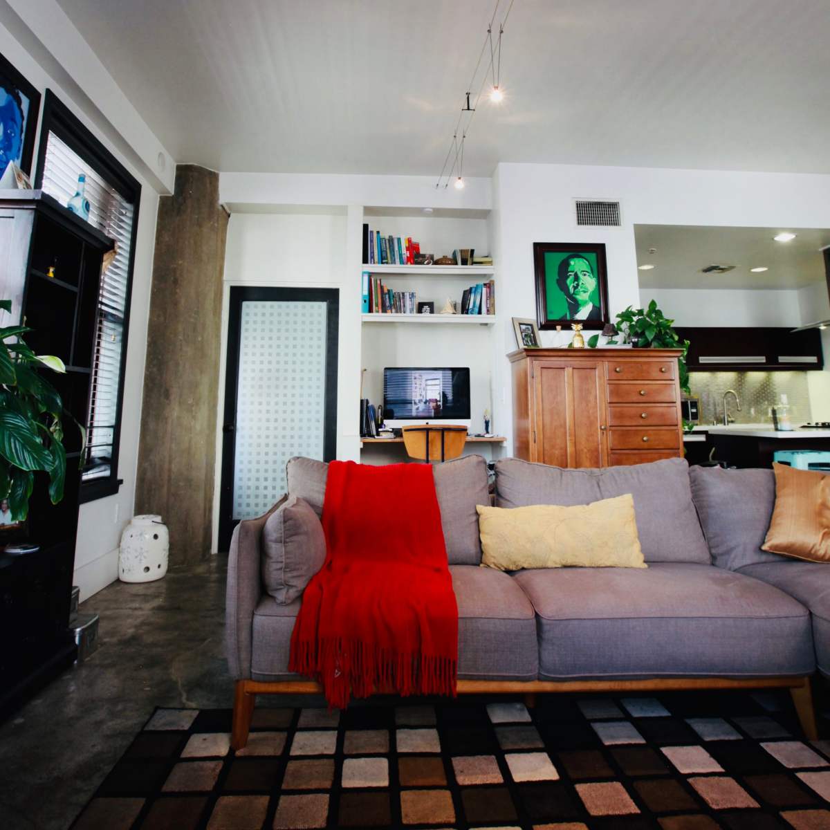 A modern living room features a gray sofa with a red throw blanket, a patterned rug, and built-in shelves displaying books and decorative items.