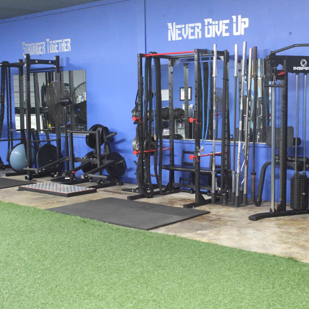A gym interior with various exercise equipment and weights arranged along a blue wall, featuring motivational text "Never Give Up."