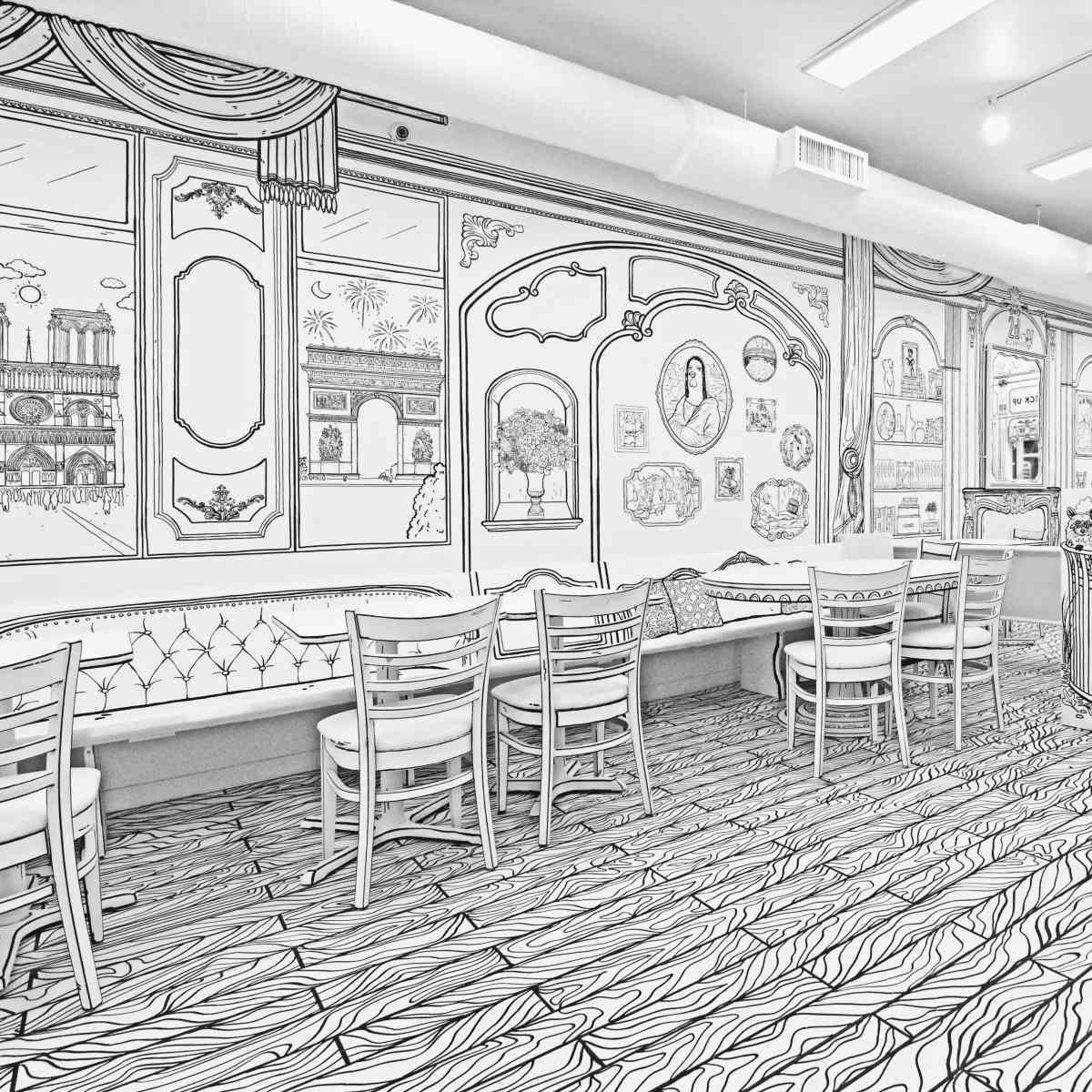 A cafe interior featuring sketches of walls, furniture, and decor in a monochromatic style.