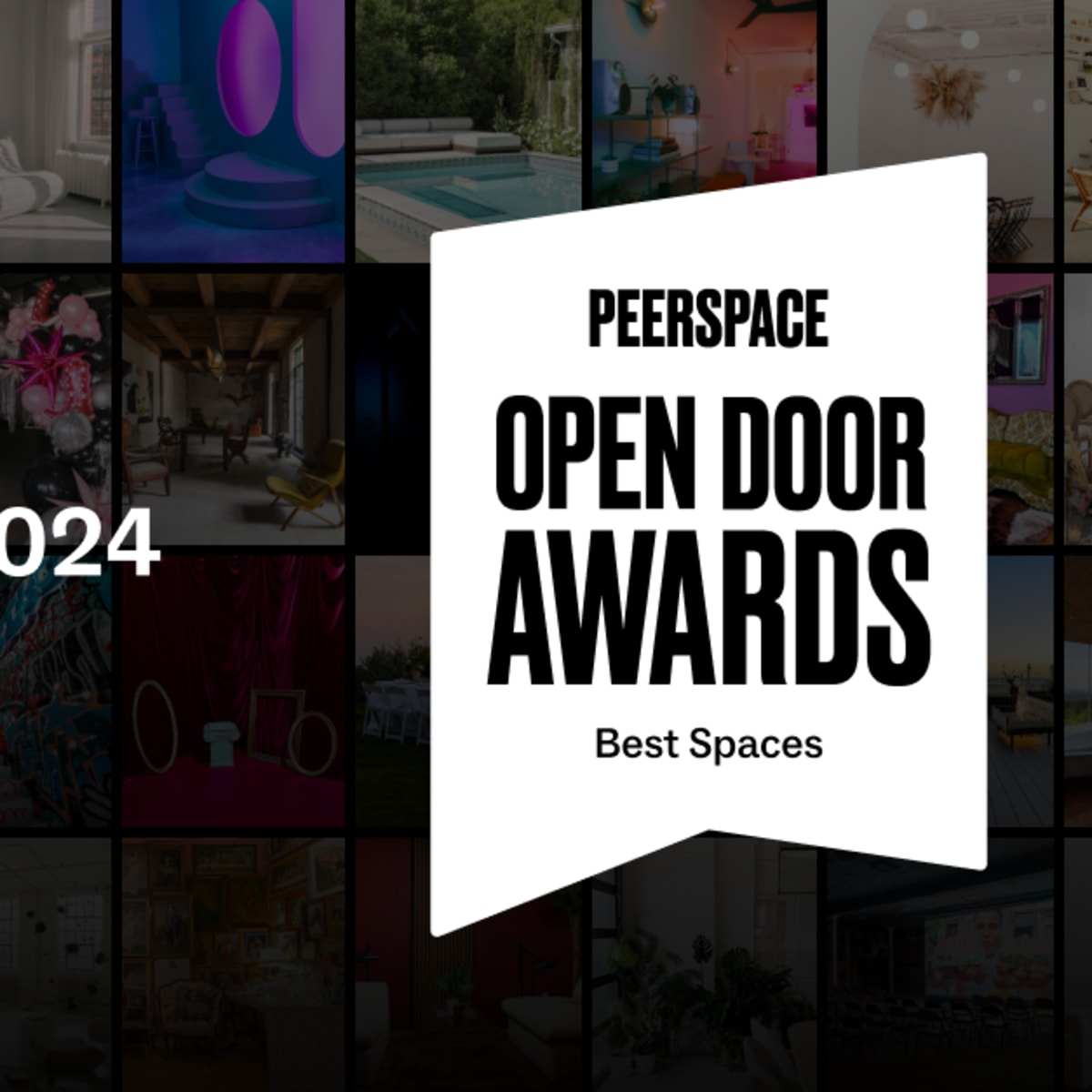 A collage of various interior and exterior spaces alongside a badge that reads "PEERSPACE OPEN DOOR AWARDS 2024 Winner Best Spaces."