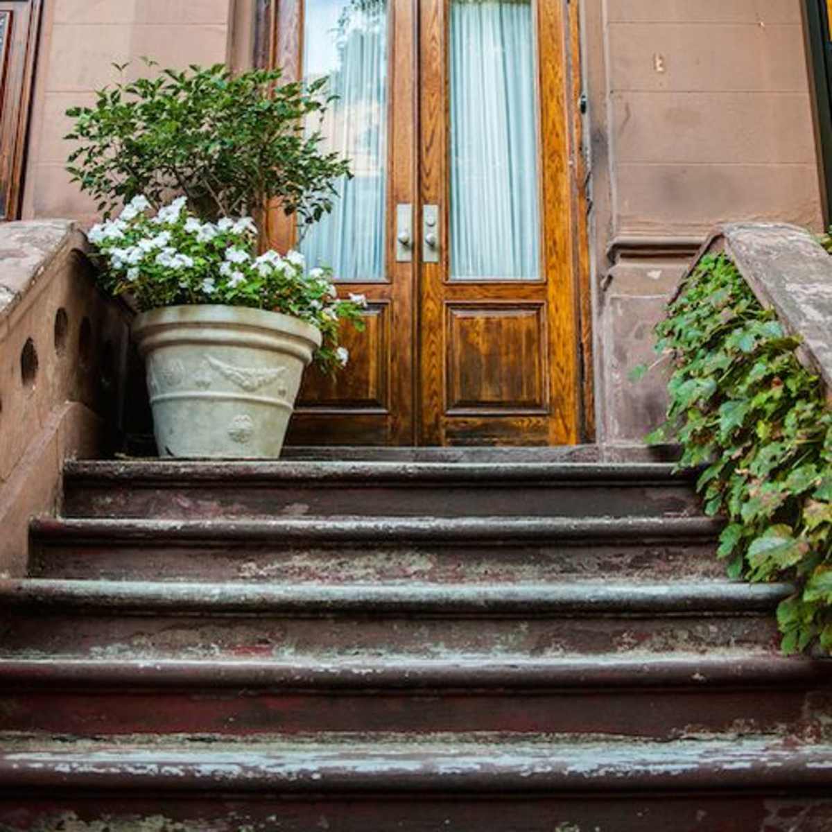 A pair of wooden doors with glass panes, flanked by decorative light fixtures, beneath a set of steps that includes a potted plant with white flowers.