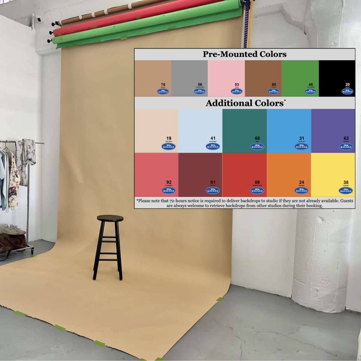 A photography studio setup with a beige backdrop, a black stool in the center, studio lighting equipment, and a color chart of pre-mounted and additional backdrop colors on the side.