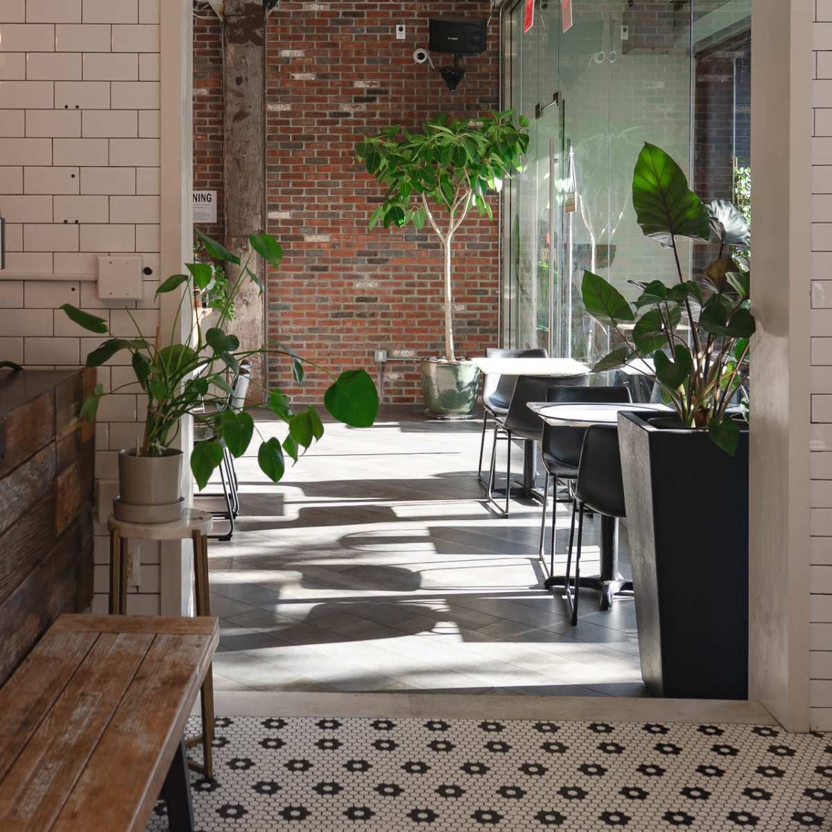 A bright interior space featuring a view through an open doorway, with a mix of potted plants, brick walls, and modern furniture.