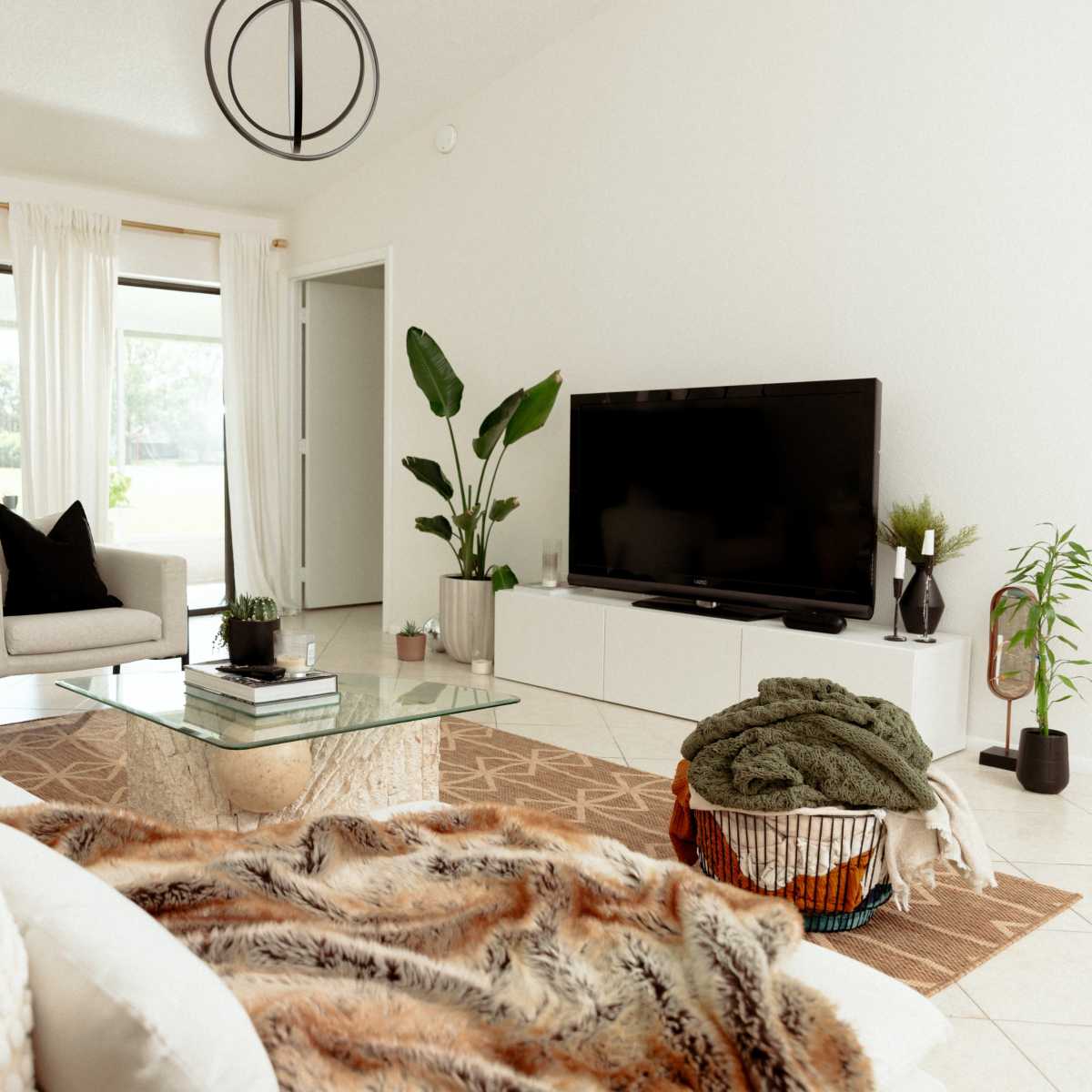 A bright living room featuring a comfortable couch, a coffee table with a glass top, a television on a media console, and various indoor plants.