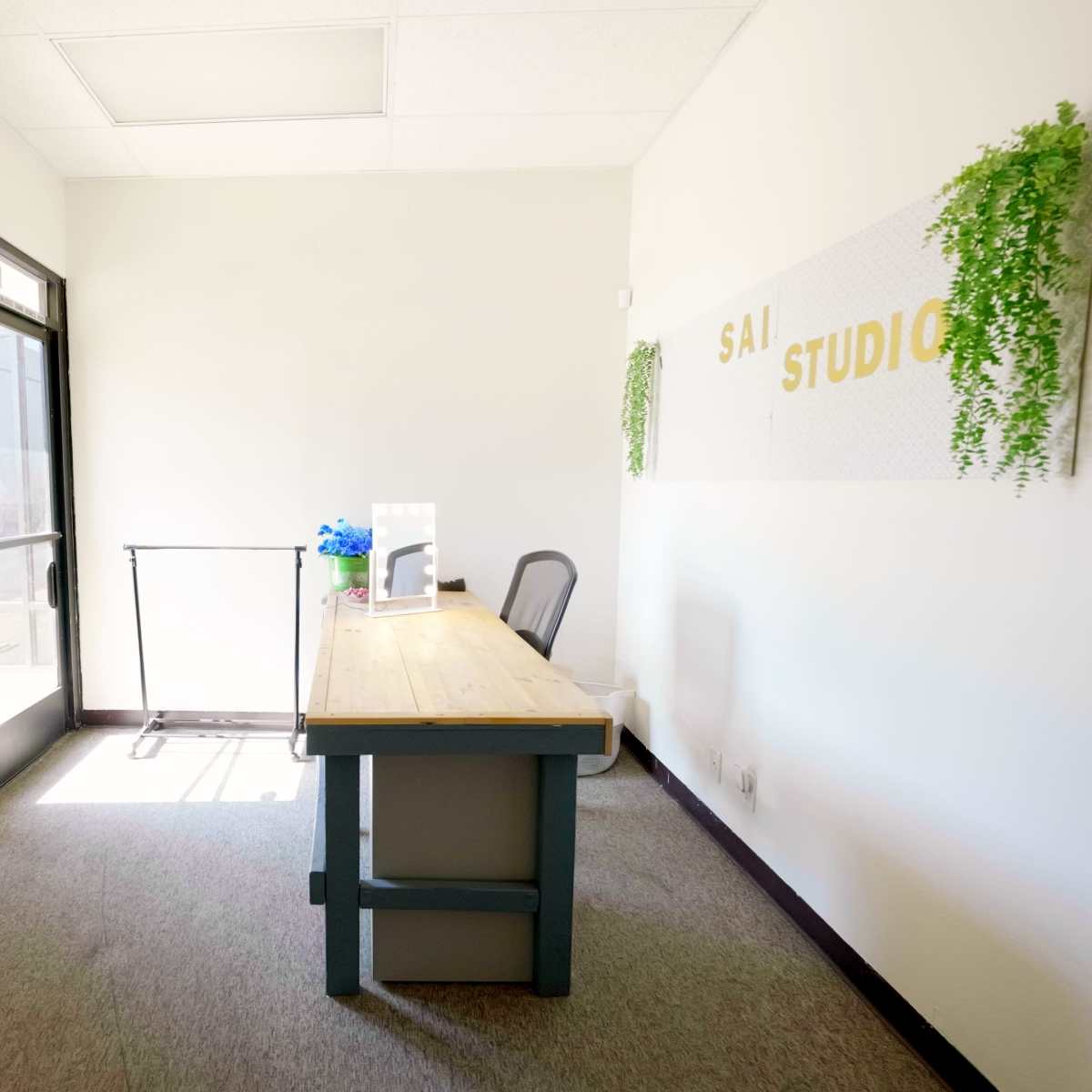 A bright and minimalistic office space with a wooden desk, a chair, a mirror, and decorative plants on the walls.