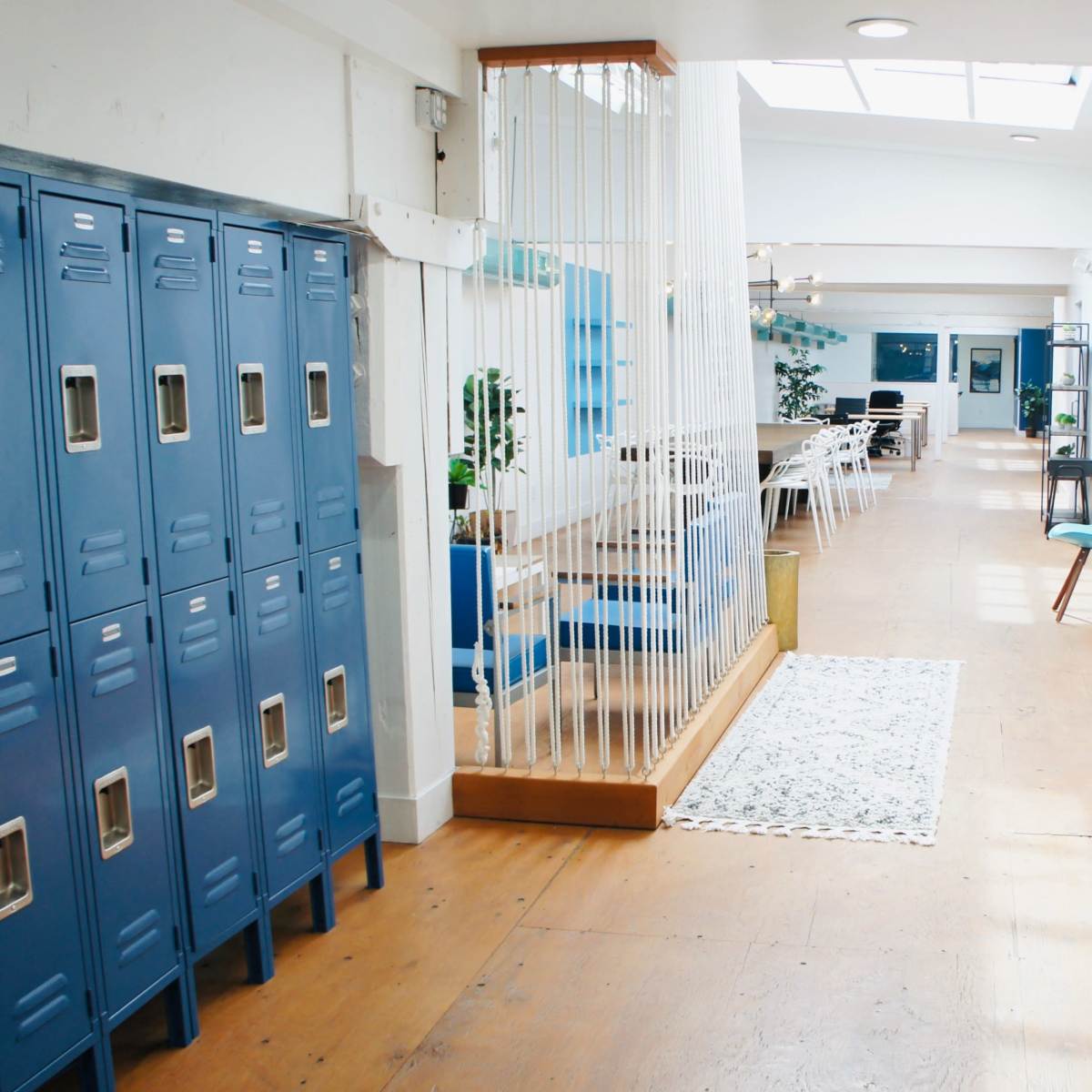 A modern hallway with blue lockers on the left, a white partition with plants, and a row of tables and chairs in a bright, open space.