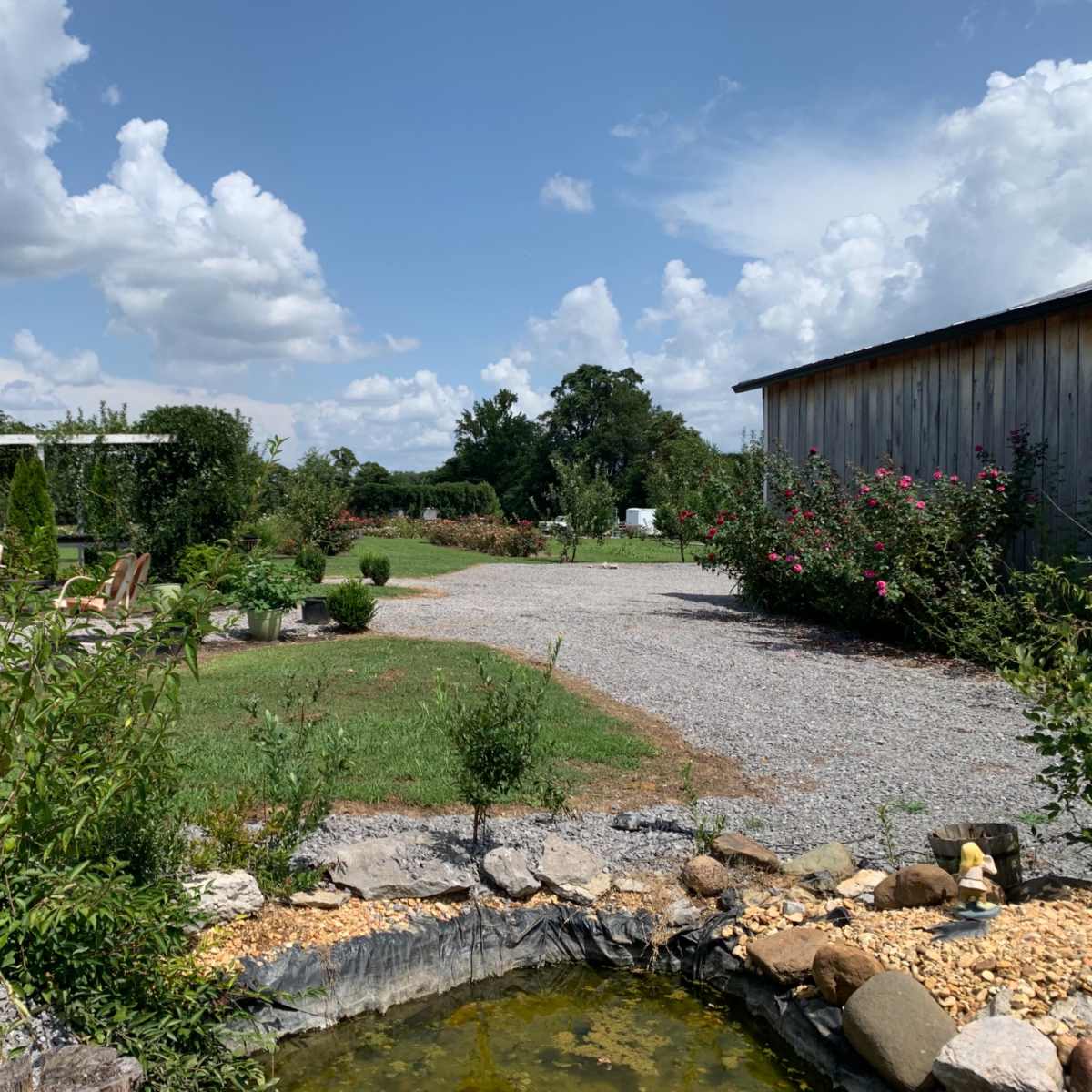 A gravel pathway surrounded by plants and flowers, leading toward a wooden building under a partly cloudy sky.