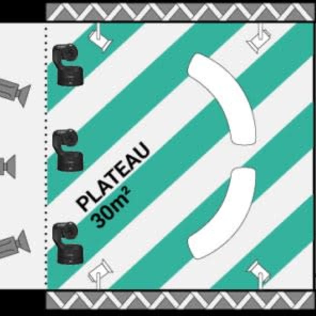 The layout diagram features a space divided into a central plateau area, two régies (control rooms), a kitchen, and offices, with clear labeling of each area.