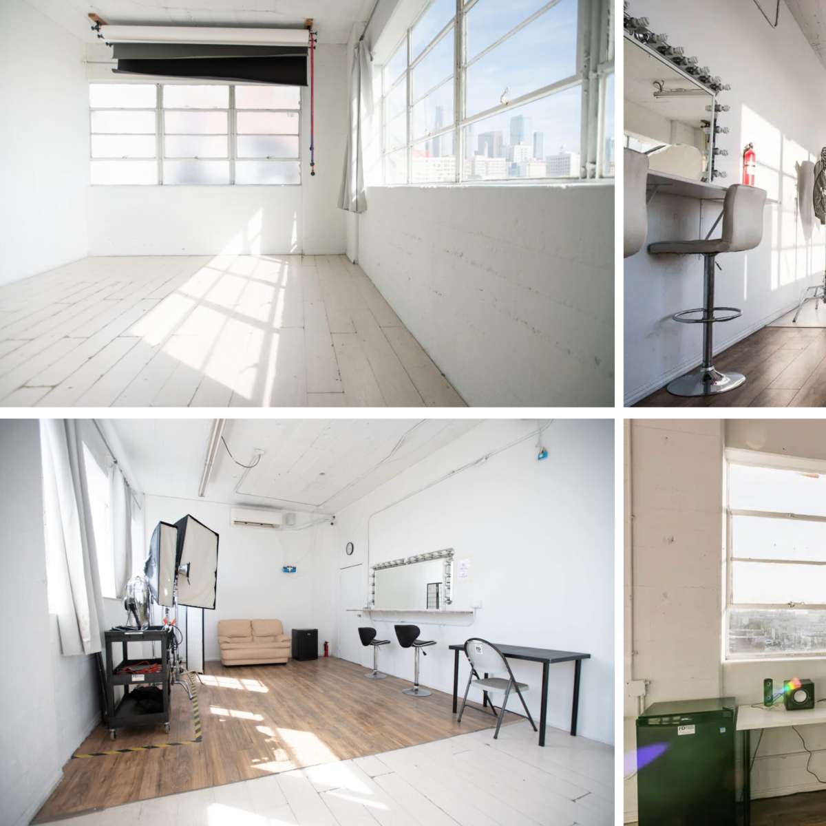A well-lit studio space featuring large windows, wooden flooring, and various furniture arrangements, including a sofa, mirrors, and photography equipment.