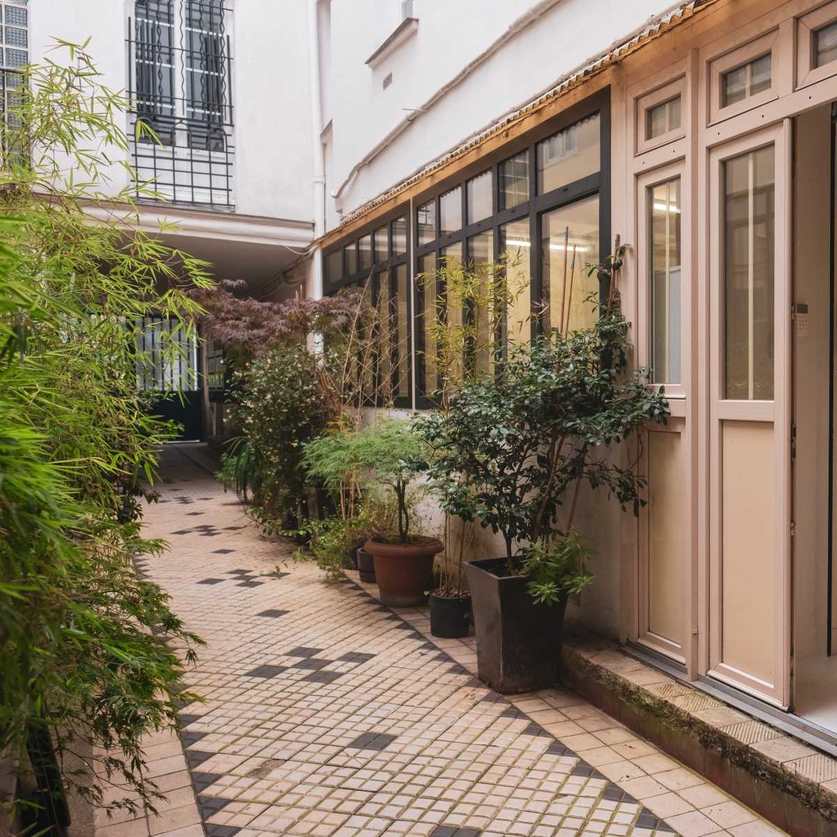 A narrow, cobblestone pathway leads to an entrance with large glass doors beside lush greenery and potted plants, framed by a light-colored building facade.