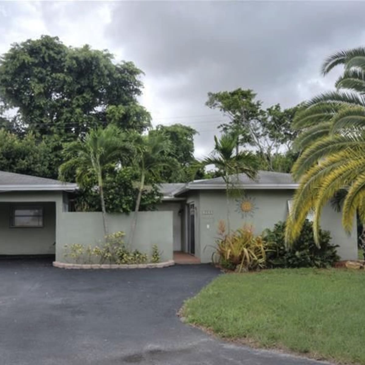 A single-story house with a paved driveway, surrounded by lush greenery and palm trees.