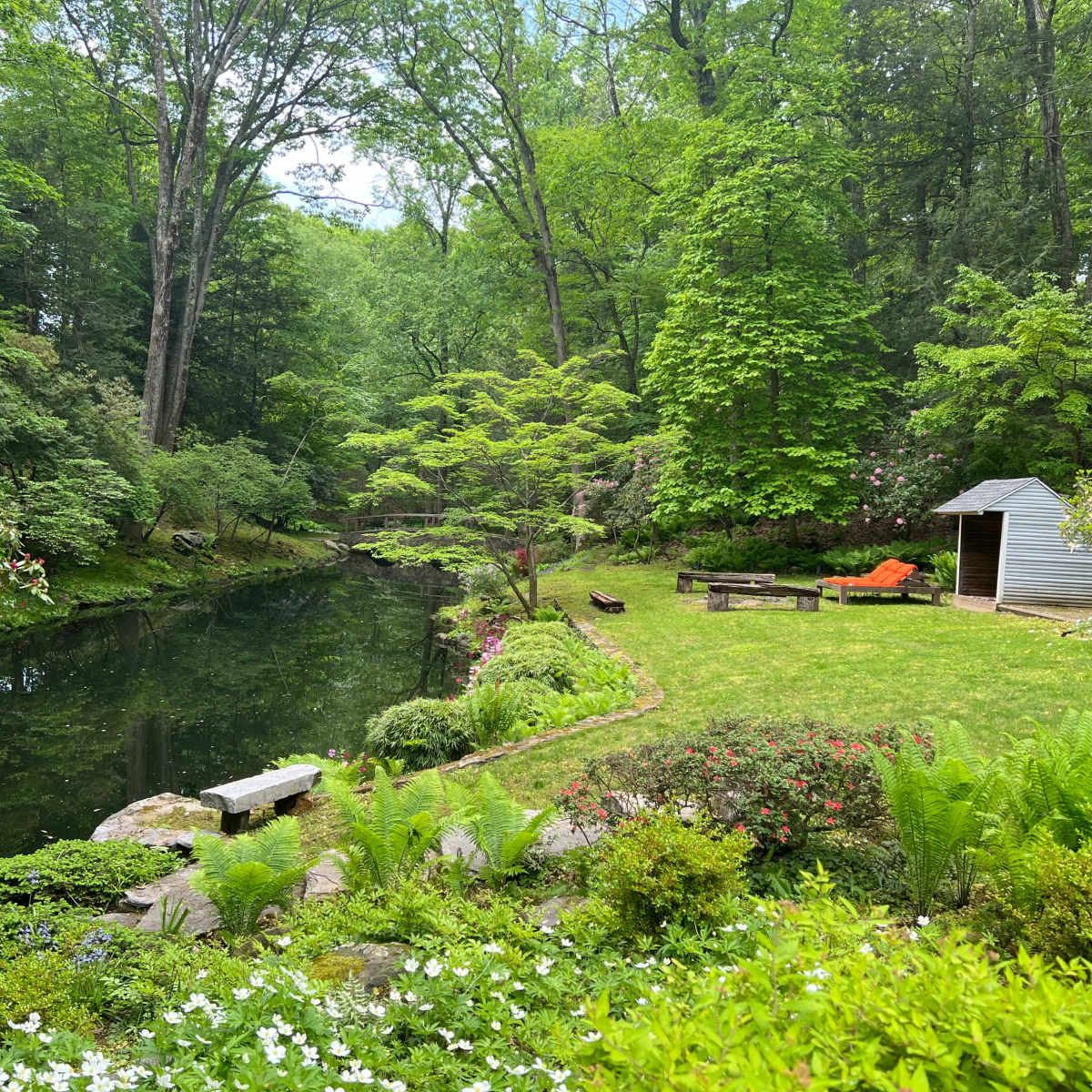 A serene garden with a pond surrounded by lush greenery, a small white shed, and seating areas.