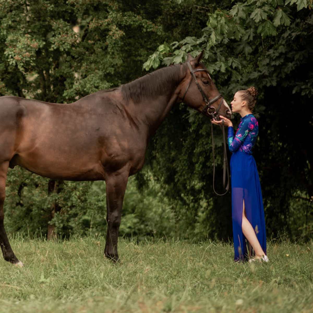 A woman in a blue skirt interacts with a brown horse in a grassy area surrounded by trees.